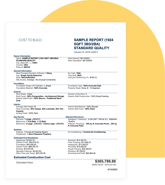 Cost to Build report example